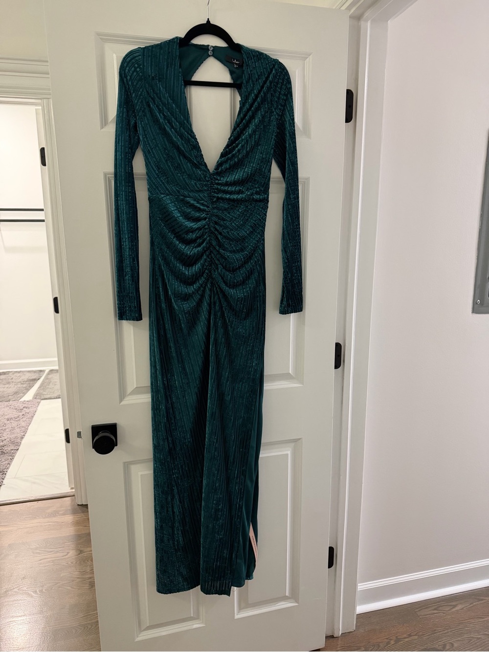 Lulu's Deep Teal Long-Sleeve V-Neck Ruched Maxi Dress